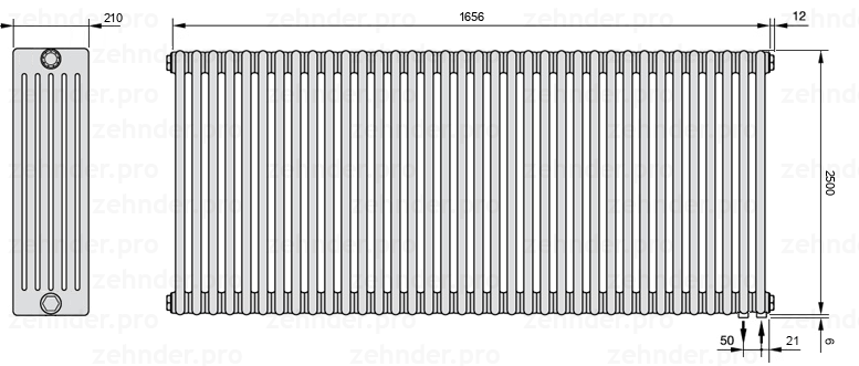 Схема (чертеж) Радиатор Zehnder Charleston 6250/36 №5510 Белый глянцевый RAL 9016